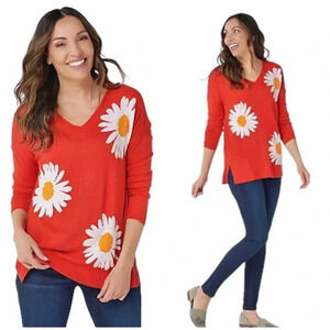 LAURIE FELT | “As Is” Cashmere Blend Daisy Print V-Neck Orange Sweater Size XL